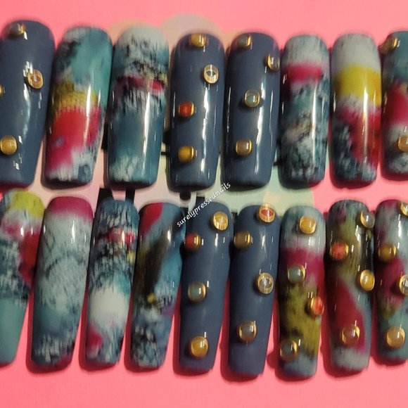 Navy Blue Abstract Rhinestone XL Square Press on Nails - Picture 3 of 3